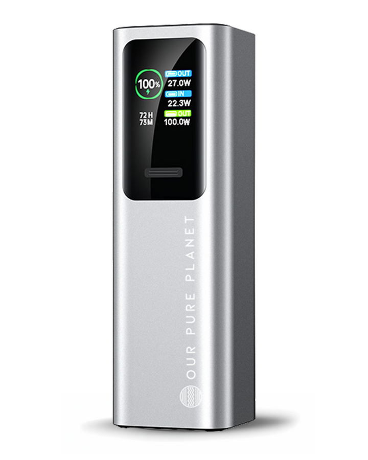 A silver rectangular portable power bank with a black digital display screen showing battery status and power metrics, branded with 'OUR PURE PLANET' vertically on the front, set against a plain white background.